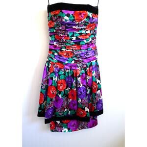 VINTAGE ANN TAYLOR 1980s Silk Ruched Peplum Strapless Cocktail Prom Dress XS